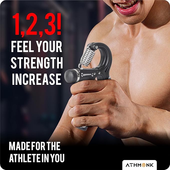 Athmonk Hand Grip Strengthener Gripper With Rep Counter Fingers Exercise Workout - Physiotherapy Paralysis Recovery - Gym Forearm Wrist Arm Wrestling Trainer - Steel Spring - 60 kg Adjustable